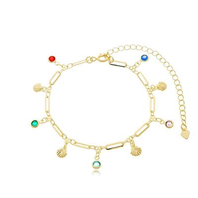 Tornozeleira Feminina Pingentes Coloridos E Conchas ? Banhada A Ouro 18k | Antialérgica