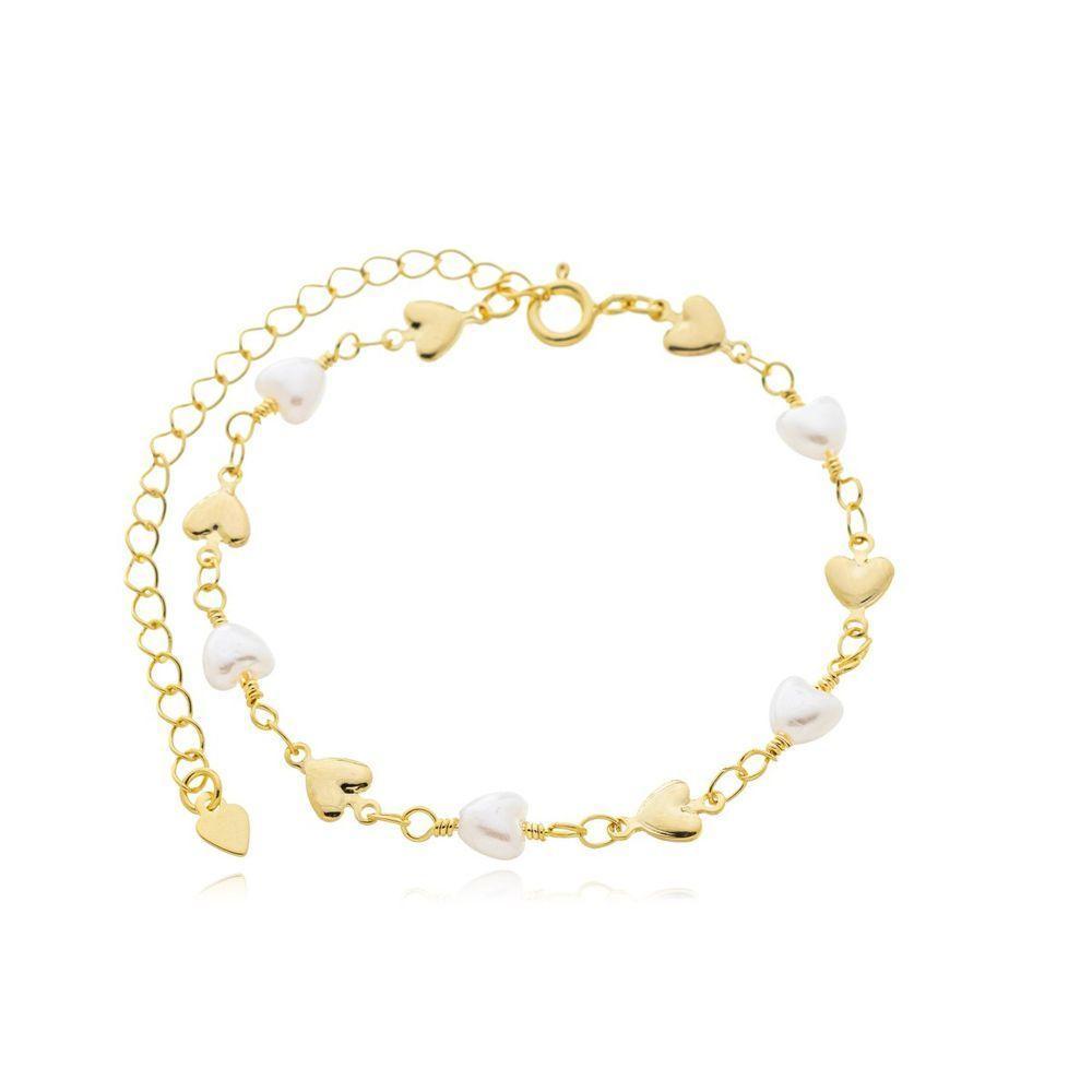 Tornozeleira Perolas Sinteticas Corações Banhada A Ouro 18k - 1