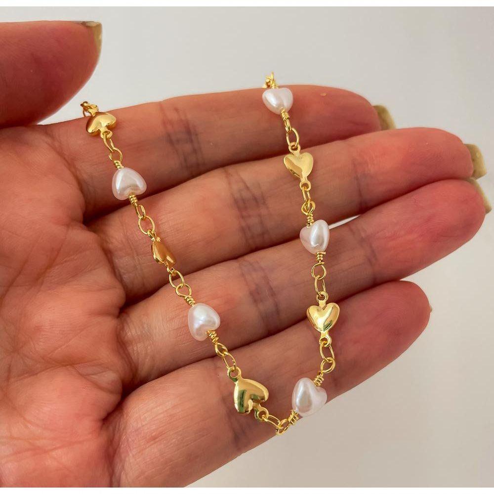 Tornozeleira Perolas Sinteticas Corações Banhada A Ouro 18k - 2