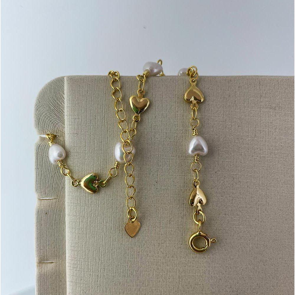 Tornozeleira Perolas Sinteticas Corações Banhada A Ouro 18k - 3