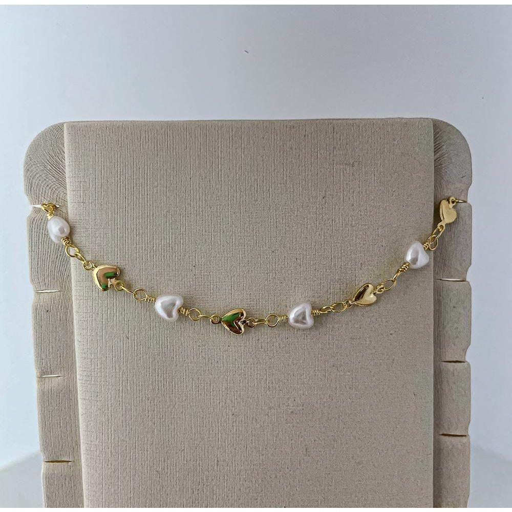 Tornozeleira Perolas Sinteticas Corações Banhada A Ouro 18k - 4