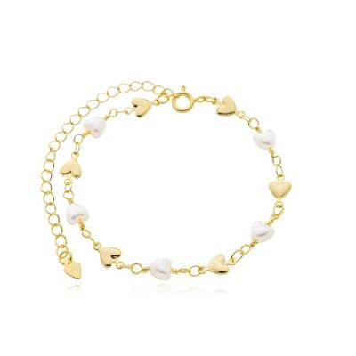 Tornozeleira Perolas Sinteticas Corações Banhada A Ouro 18k