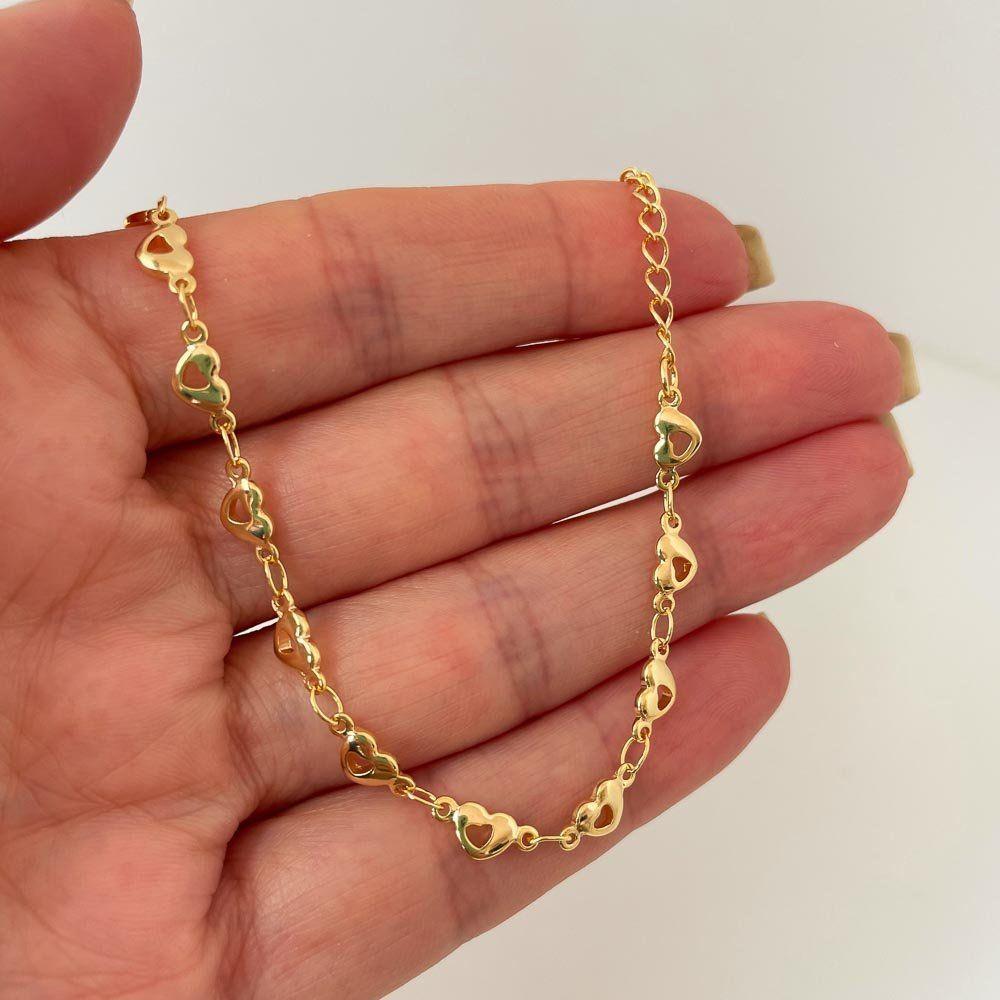 Tornozeleira Feminina Corações Vazados Banhada A Ouro 18k - 2