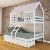 Beliche Casal- Solteiro Casinha Bela 02 Gavetas - Madeira Maciça Branco-rosa-verde Megamobilia - 1