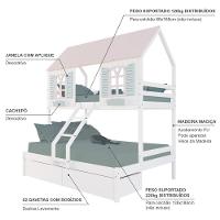 Beliche Casal- Solteiro Casinha Bela 02 Gavetas - Madeira Maciça Branco-rosa-verde Megamobilia