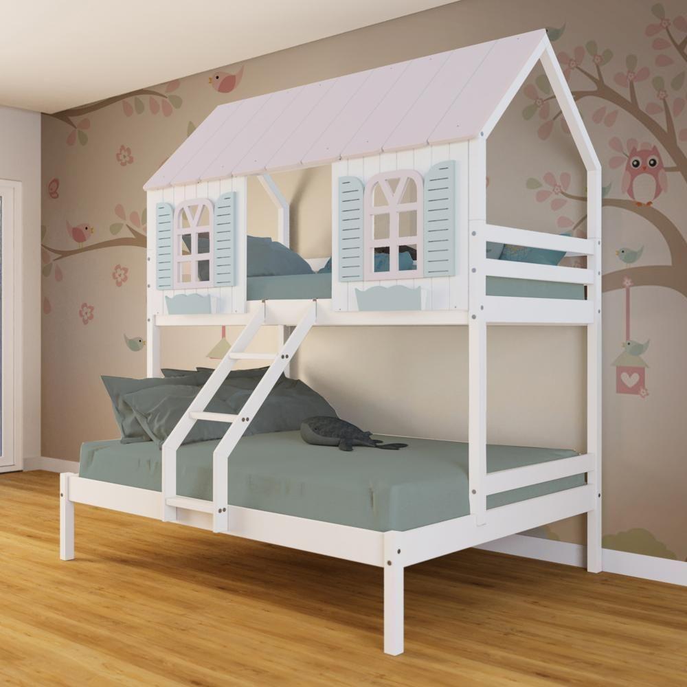 Beliche Casal- Solteiro Casinha Bela - Madeira Maciça Branco-rosa-verde Megamobilia - 1