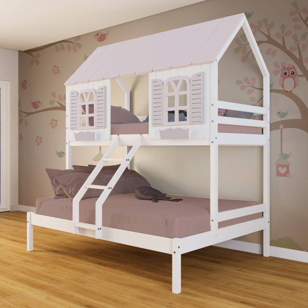 Beliche Casal- Solteiro Casinha Bela - Madeira Maciça Branco-rosa Megamobilia - 1