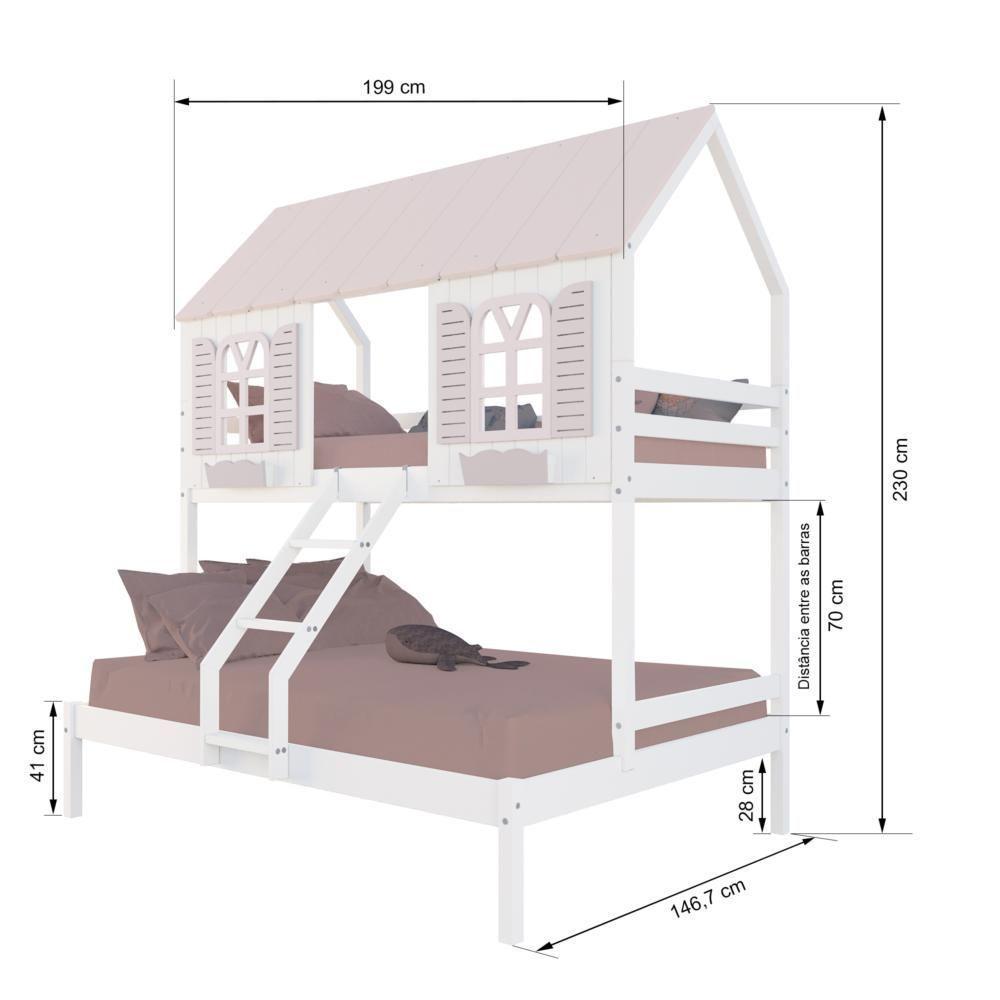 Beliche Casal- Solteiro Casinha Bela - Madeira Maciça Branco-rosa Megamobilia - 3