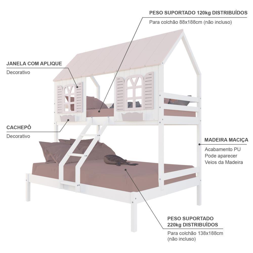 Beliche Casal- Solteiro Casinha Bela - Madeira Maciça Branco-rosa Megamobilia - 4