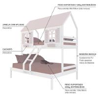 Beliche Casal- Solteiro Casinha Bela - Madeira Maciça Branco-rosa Megamobilia