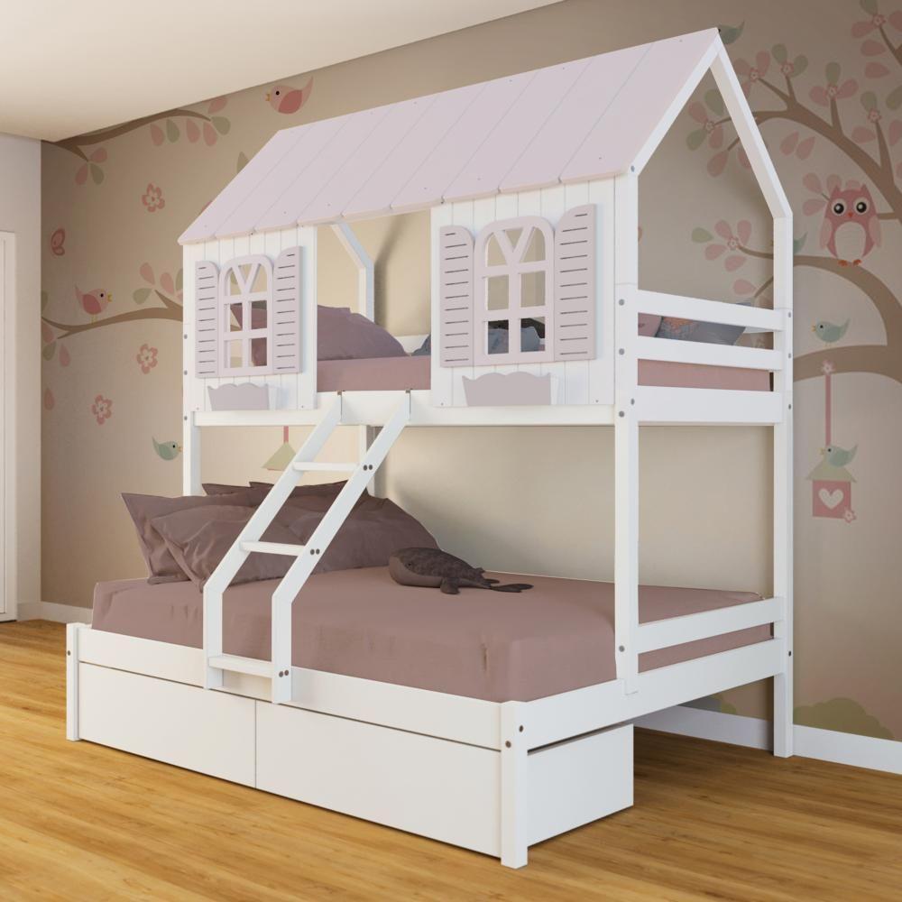 Beliche Casal- Solteiro Casinha Bela 02 Gavetas - Madeira Maciça Branco-rosa Megamobilia - 1