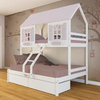 Beliche Casal- Solteiro Casinha Bela 02 Gavetas - Madeira Maciça Branco-rosa Megamobilia - 1