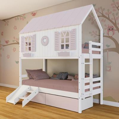 Beliche Casinha Bela Com Coração 2 Gavetas Rosa Kit Escada-escorregador - Madeira Maciça Branco-rosa Megamobilia