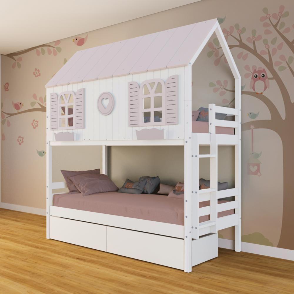 Beliche Casinha Bela Com Coração 2 Gavetas - Madeira Maciça Branco-rosa Megamobilia - 1