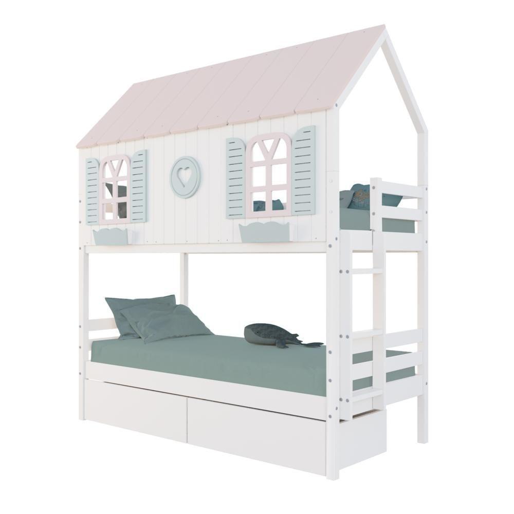 Beliche Casinha Bela Com Coração 2 Gavetas - Madeira Maciça Branco-rosa-verde Megamobilia - 2