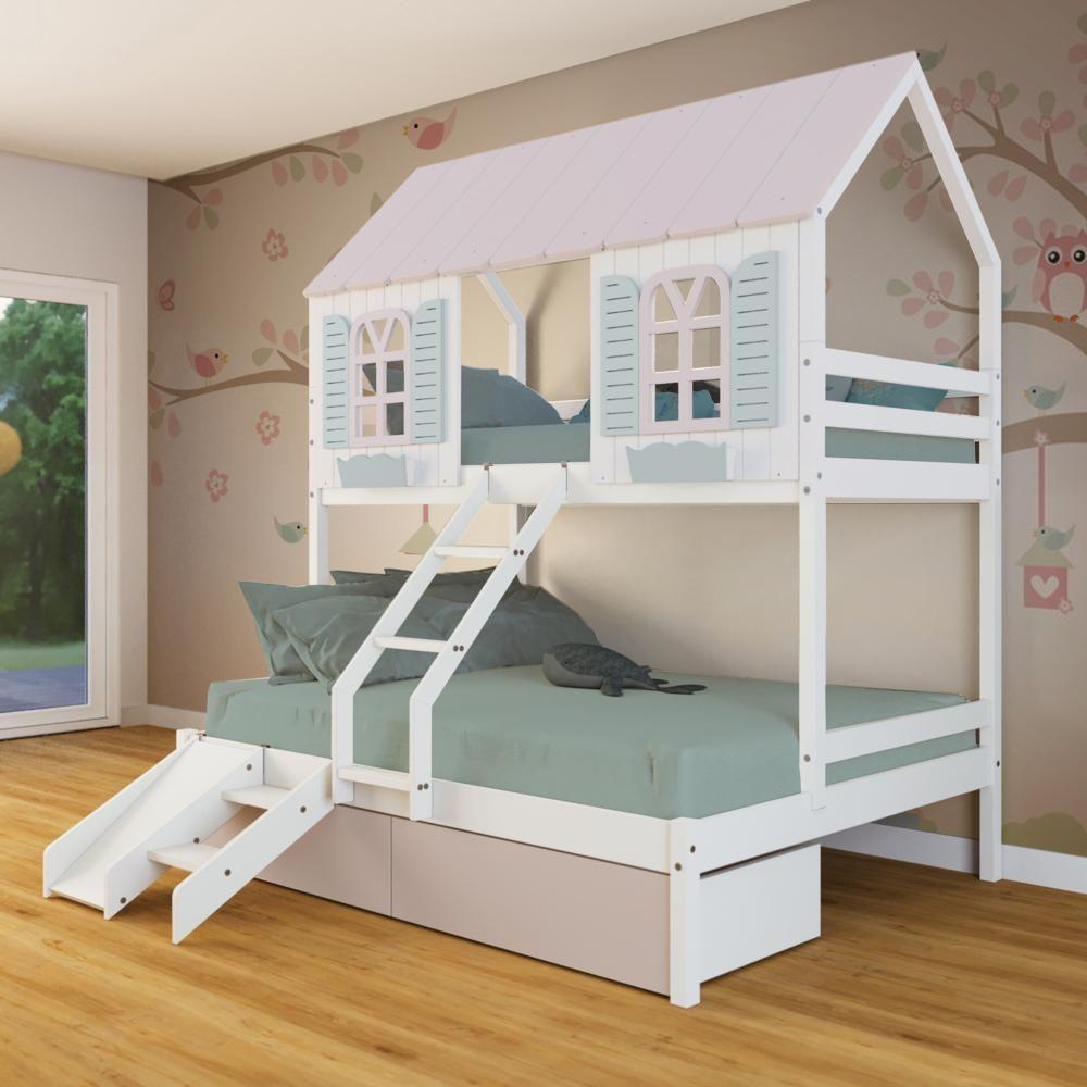 Beliche Casal- Solteiro Casinha Bela 02 Gavetas Rosa Kit Escada-escorregador - Madeira Branco-rosa-verde Megamobilia - 1