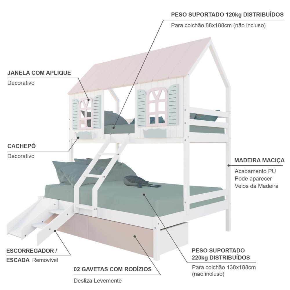 Beliche Casal- Solteiro Casinha Bela 02 Gavetas Rosa Kit Escada-escorregador - Madeira Branco-rosa-verde Megamobilia - 4