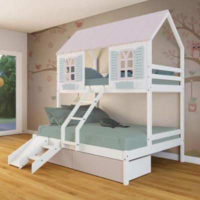 Beliche Casal- Solteiro Casinha Bela 02 Gavetas Rosa Kit Escada-escorregador - Madeira Branco-rosa-verde Megamobilia