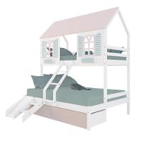 Beliche Casal- Solteiro Casinha Bela 02 Gavetas Rosa Kit Escada-escorregador - Madeira Branco-rosa-verde Megamobilia - 2