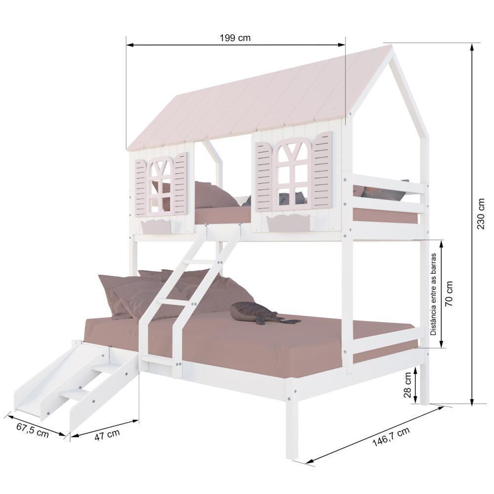 Beliche Casal- Solteiro Casinha Bela Com Kit Escada-escorregador - Madeira Maciça Branco-rosa Megamobilia - 3