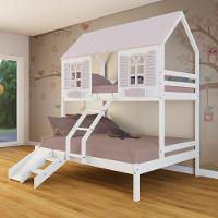 Beliche Casal- Solteiro Casinha Bela Com Kit Escada-escorregador - Madeira Maciça Branco-rosa Megamobilia - 1