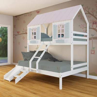 Beliche Casal- Solteiro Casinha Bela Com Kit Escada-escorregador - Madeira Maciça Branco-rosa-verde Megamobilia