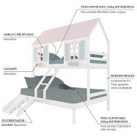 Beliche Casal- Solteiro Casinha Bela Com Kit Escada-escorregador - Madeira Maciça Branco-rosa-verde Megamobilia