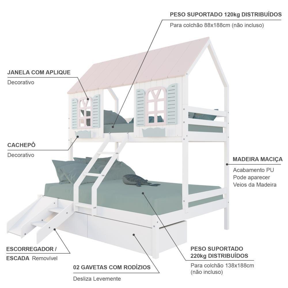 Beliche Casal- Solteiro Casinha Bela 02 Gavetas Kit Escada-escorregador - Madeira Maciça Branco-rosa-verde Megamobilia - 3