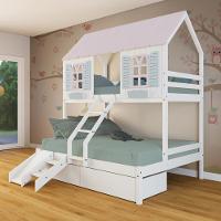 Beliche Casal- Solteiro Casinha Bela 02 Gavetas Kit Escada-escorregador - Madeira Maciça Branco-rosa-verde Megamobilia - 1