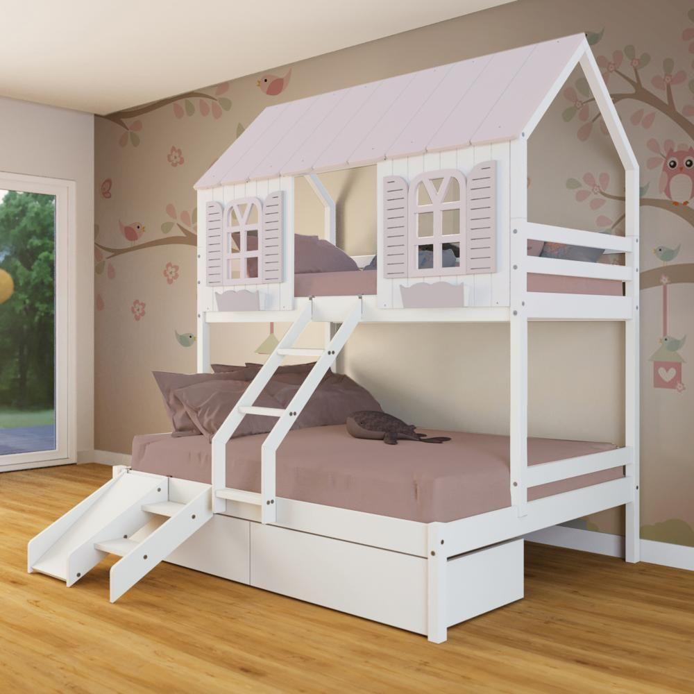 Beliche Casal- Solteiro Casinha Bela 02 Gavetas Kit Escada-escorregado - Madeira Maciça Branco-rosa Megamobilia - 1