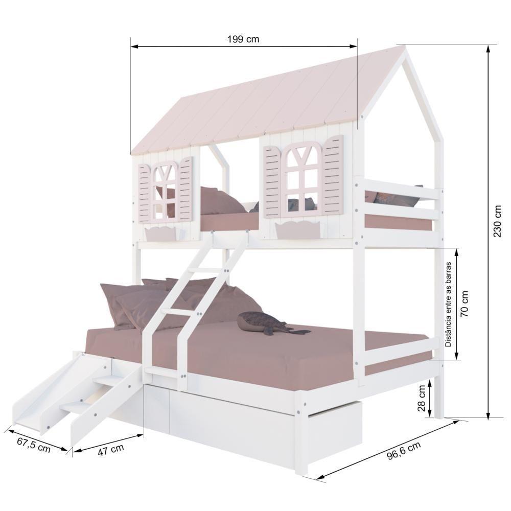 Beliche Casal- Solteiro Casinha Bela 02 Gavetas Kit Escada-escorregado - Madeira Maciça Branco-rosa Megamobilia - 3