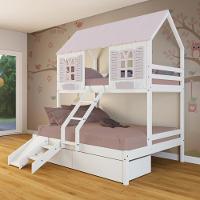 Beliche Casal- Solteiro Casinha Bela 02 Gavetas Kit Escada-escorregado - Madeira Maciça Branco-rosa Megamobilia - 1