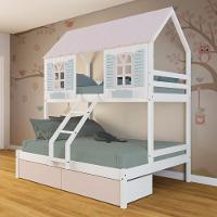 Beliche Casal- Solteiro Casinha Bela 02 Gavetas Rosa - Madeira Maciça Branco-rosa-verde Megamobilia - 1