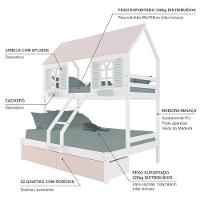 Beliche Casal- Solteiro Casinha Bela 02 Gavetas Rosa - Madeira Maciça Branco-rosa-verde Megamobilia