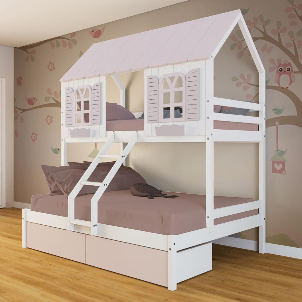 Beliche Casal- Solteiro Casinha Bela 02 Gavetas Rosa - Madeira Maciça Branco-rosa Megamobilia - 1