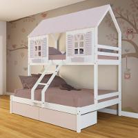 Beliche Casal- Solteiro Casinha Bela 02 Gavetas Rosa - Madeira Maciça Branco-rosa Megamobilia - 1