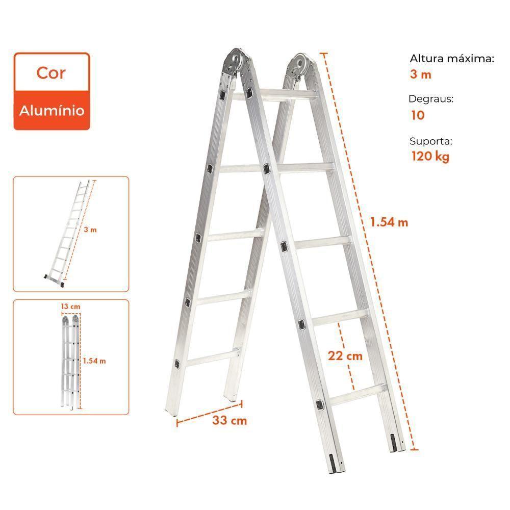 Escada Tesoura Multifuncional De Aluminio 10 Degraus 3mts - 4