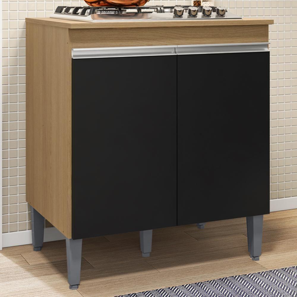 Balcao Com Tampo Para Cooktop 2 Pt 79 Cm Andreia Amendoa Preto Reajl Moveis Amendoa Preto - 2