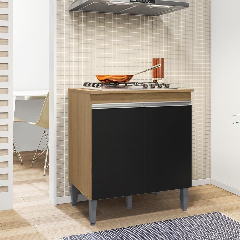 Balcao Com Tampo Para Cooktop 2 Pt 79 Cm Andreia Amendoa Preto Reajl Moveis Amendoa Preto - 6