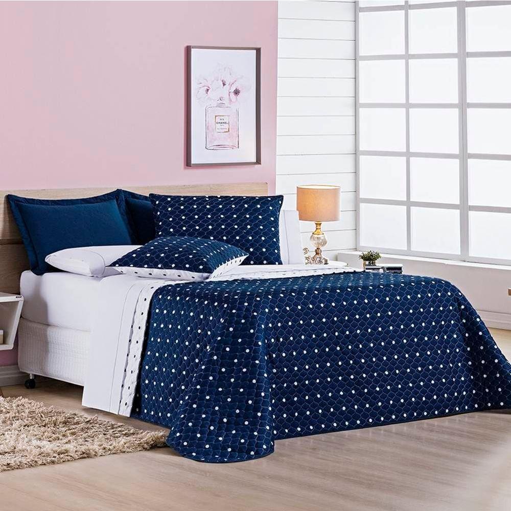 Cobre Leito Casal Padrão Petit Poa Micropercal 200 Fios Dupla Face 3 Peças - Marinho - 2