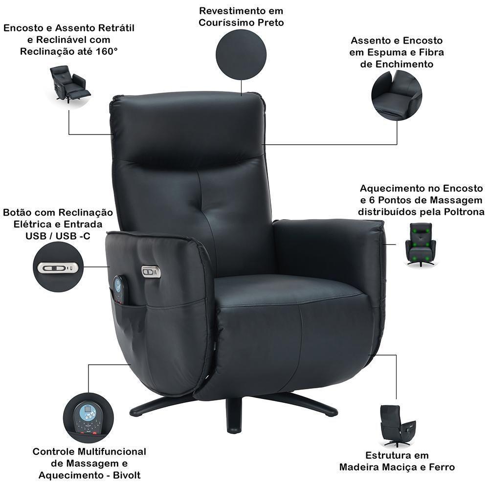 Poltrona De Massagem Reclinável Elétrica Com Aquecimento Bravinni L07 Couríssimo Preto - Lyam Decor - 4