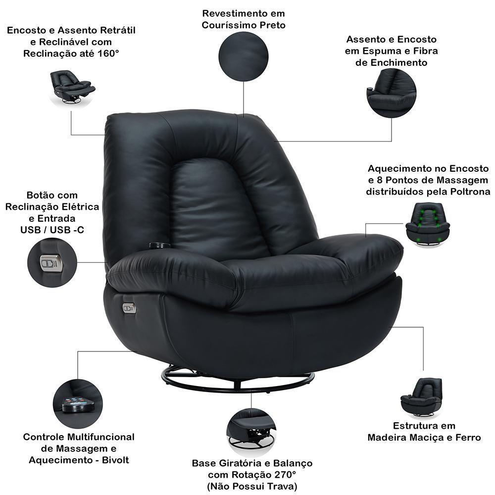 Poltrona Reclinável Elétrica Com Massagem E Aquecimento Salvana L07 Couríssimo Preto - Lyam Decor - 4