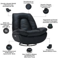 Poltrona Reclinável Elétrica Com Massagem E Aquecimento Salvana L07 Couríssimo Preto - Lyam Decor
