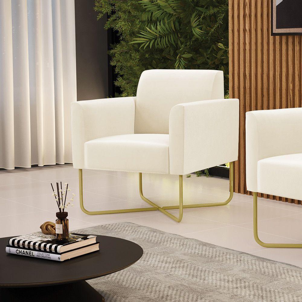 Poltrona Base X Industrial Dourado Marisa Veludo Bege - 1