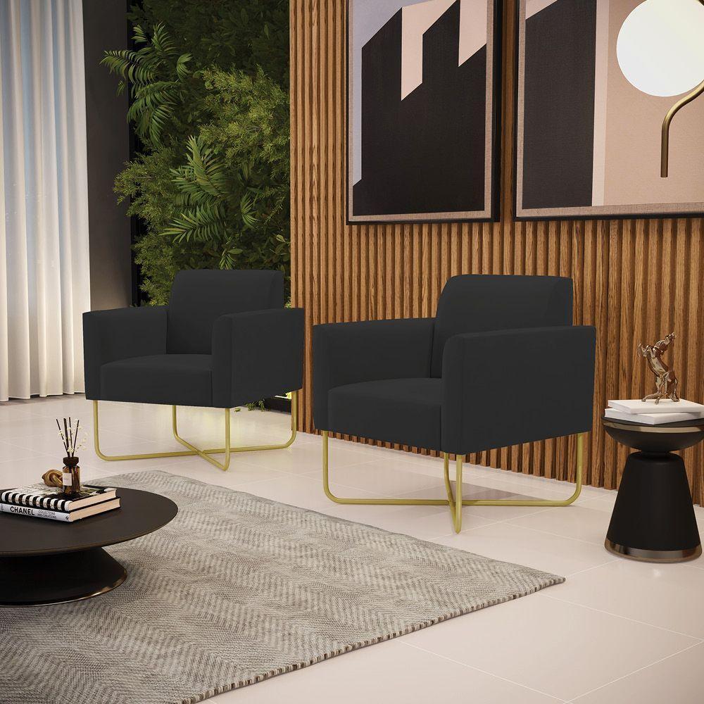 Kit 2 Poltronas Base X Industrial Dourado Marisa Veludo Preto - 1