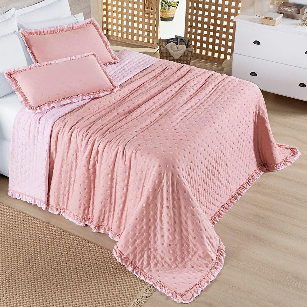 Cobre Leito King Micropercal 200 Fios Com Babado Malvinni Rosa - 3 Peças - 3