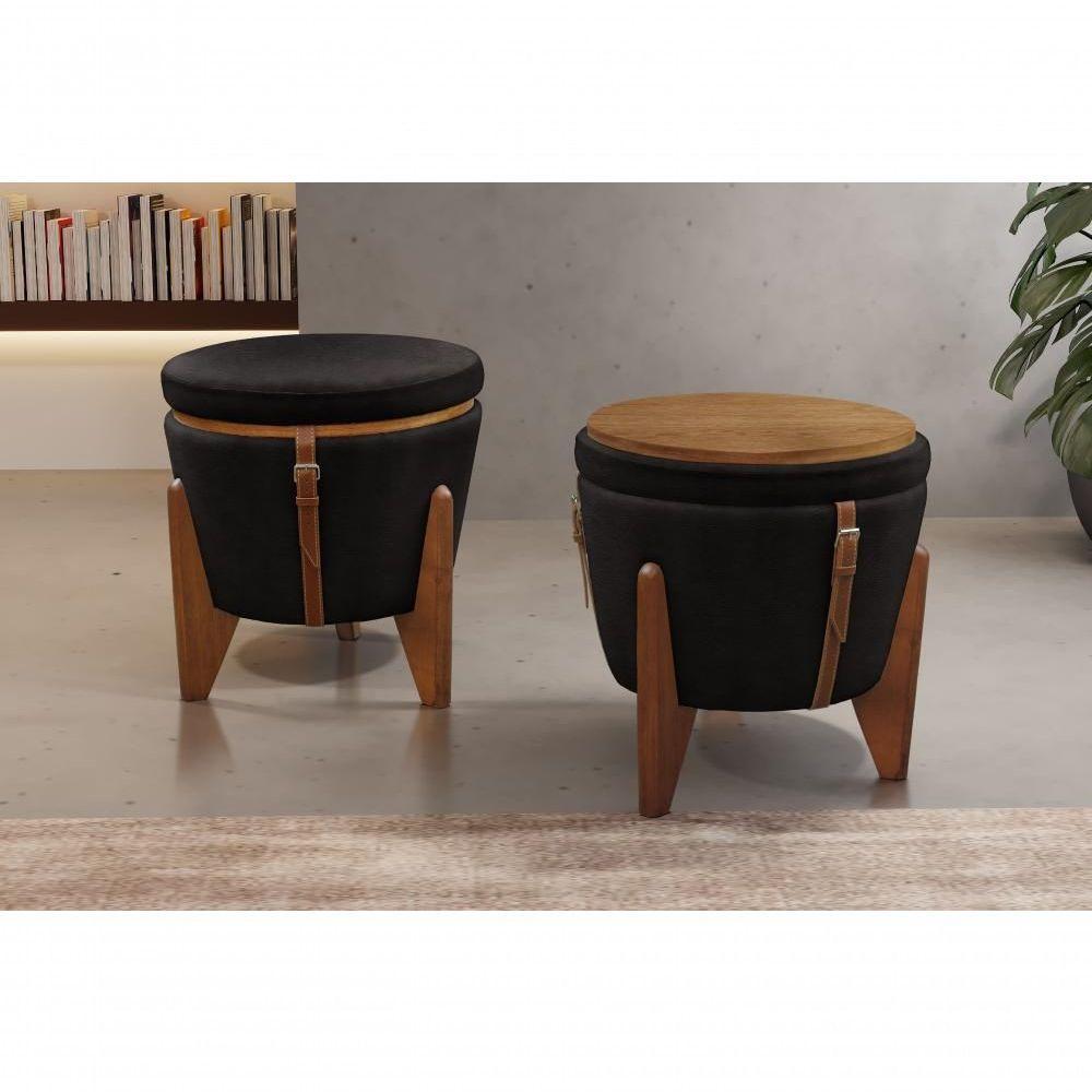 Conjunto - 2 Puffs Banqueta Fênix Baú Mesa Castellar Móbile Corino Preto - 5