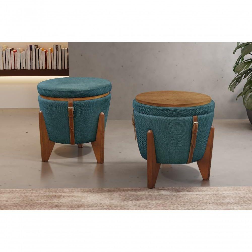 Conjunto - 2 Puffs Banqueta Fênix Baú Mesa Castellar Móbile Linho Azul - 5