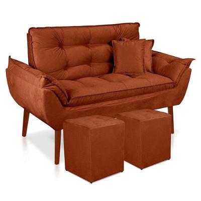 Kit Poltrona Decorativa Namoradeira 2 Puffs Quadrado E 2 Almofadas Suede - Lm Decor Terracota
