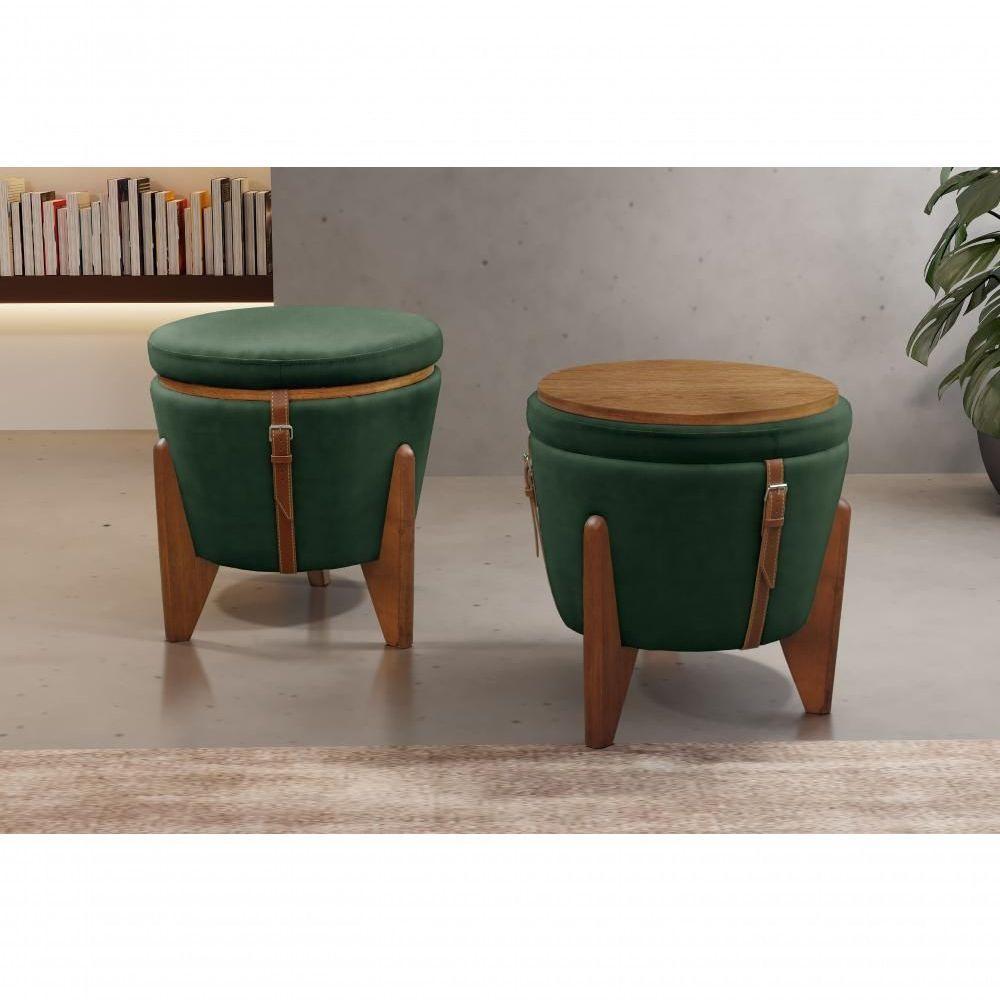 Conjunto - 2 Puffs Banqueta Fênix Baú Mesa Castellar Móbile Veludo Verde - 5